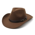 Classic brown felt cowboy hat featuring wide brim and leather band with metal buckle - Brown