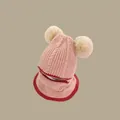 Pink knit winter hat and neck warmer set for kids with plush faux fur pom-poms - Double-sided Beanie Light Pink (for Ages 2-6)