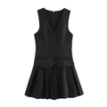 Vue à plat d'une robe blazer noire sans manches à col en V avec un ourlet plissé - XS / Noir