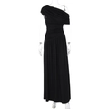 Detail of elegant black one-shoulder dress featuring pleated waist and side ruching - Black