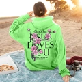 Neon green hoodie with pink floral print and Jesus Loves You text on beach - S / Fruit Green