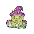 Cartoon frog enamel pin wearing purple wizard hat holding star wand and mushrooms - Star Wand Frog Style (xz8484)