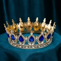 Luxurious gold bridal crown featuring deep blue teardrop gems and white rhinestones - Gold Base Royal Blue Rhinestone