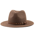 Classic brown straw fedora sun hat with leather belt and golden buckle for summer fashion - Coffee