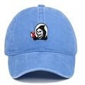 Macro view showing Grim Reaper embroidery and washed denim texture on a baseball cap - Light Blue