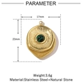 Macro view of gold stainless steel round pendant with green malachite stone and dimensions - Round Sunburst - Malachite Style (VG829)