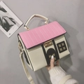 Unique house-shaped crossbody bag in pink and beige faux leather with metal handle - White