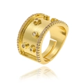 Detailed view of gold wide band ring with star patterns and sparkling zircon accents - Wide Band Star Zirconia Decoration (J-1416)
