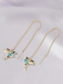 Elegant gold-finish hummingbird drop earrings with blue crystal accents on silk - Hummingbird Long Tassel Ear Threader-Gold Blue Zircon (03)
