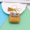 Ginger yellow owl leather keychain mini coin purse with light blue accents and gold hardware - Yellow