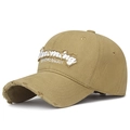 Khaki distressed baseball cap with becoming swordsman embroidery and frayed edges - Deep Beige