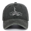 Detail of vintage washed charcoal baseball cap with white creative hand embroidery - Army Green