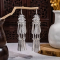 Ethnic style long silver tassel earrings with hollow metal balls and bohemian fringe - Ethnic Style Hollow Silver Ball Layered Tassel Style (E1729)