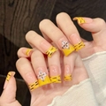 Uñas postizas con degradado rosa y naranja, estampado de tigre amarillo y flores 3D - Grande (L)