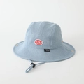 Detail of light blue denim sun hat with red patch embroidery and adjustable wind cord - 52cm (2-5 Years) / Red Label - Light Blue