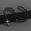 Detail of cross pendant necklace with natural volcanic rock and tiger eye stone beads - 8mm Black Lava Stone No. 2