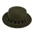 Detail of dark green wool boater hat featuring black leather band and silver metal studs - M (56-58cm) / Army Green