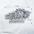 Detailed size chart of bridal hair comb with dimensions W: 10cm, H: 6.5cm and 32g weight - Silver