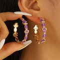 Golden hoop earrings with purple and yellow football enamel patterns for Super Bowl fans - Purple Yellow Style (01 kc Gold 3211)