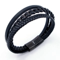 Bracciale da uomo a tre strati in pelle intrecciata nera con chiusura magnetica - Nero KB204702-SJ