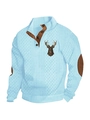 Men's light blue knit pullover featuring a deer print and brown elbow patches - Sky Blue + 1 Logo / S