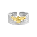 S925 sterling zilveren open ring met getextureerde band en gouden ronde schub-accenten - Maat 14 (Open Verstelbaar) / Witgoud + 18K Goud