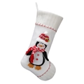 Calza natalizia in maglia bianca con pinguino 3D e cappello rosso a pois - Calza di Natale Bianca Pinguino