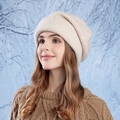 Winter warm knitted beanie in creamy white finish with thick ribbed fold-over design - Beige