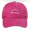 Detail of white mountain embroidery and NELSON BC text on pink washed cotton baseball cap - Rose Red