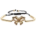 Golden beaded butterfly bracelet with colorful zircon and black braided cord - Butterfly Pendant / Black Rope Gold Beads