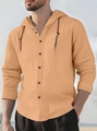 Men's hooded long sleeve cotton linen shirt in apricot yellow with button closure - Earthy Yellow