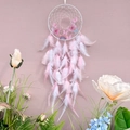 Pink and white dreamcatcher with feathers and beads for girl bedroom wall decor - Finished Product / Pink