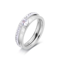Double-layered Roman numeral ring with six-prong round zircon in silver finish - US 6 / Steel