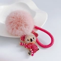 Close-up of pink koala keychain with rhinestones, plush ball, and woven elastic band - Rose Red + Heart Lanyard + Pom Pom / Rose Red