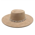 Chapeau Fedora en daim camel avec bord large et bande ornée de strass brillants - M (56-59cm) / Chameau