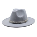 Detailed close-up of grey wool fedora hat with sparkling rhinestone band and M metal logo - M (56-58cm) / Light Gray