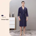 Accappatoio unisex blu navy a nido d'ape con bordino bianco e cintura per spa e hotel - XL / Uomo / Blu navy