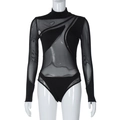 Close-up of sheer mesh splicing and high-neck detail on this black long sleeve bodysuit - XS / Black