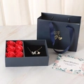 Navy blue jewelry gift box with 6 red roses and golden butterfly necklace set - Heart-shaped Blue Design; Flower Box + Tote Bag + Greeting Card