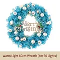 Blue 60cm Christmas wreath with silver ornaments and warm white LED lights - Blue Warm Light-60cm