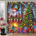 Waterproof Christmas shower curtain featuring Santa Claus, decorated tree, and fireplace - Santa Claus & Fireplace (24-1) / 90*180cm