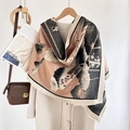 Elegant cashmere-like scarf with magnolia pattern in beige and ink-black finish - Lotus-Khaki Black