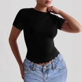 Slim fit black yoga t-shirt for women with wavy lettuce trim edges and crew neck - Black