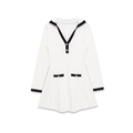 White long-sleeved dress with black trim, V-neck, and gold buttons for women - S / White