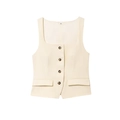 Women's cream white square neck vest with four buttons and decorative pockets - XS / Off White