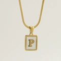 Golden square shell necklace with 3D letter P pendant on flat snake chain - Letter P