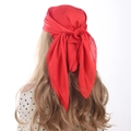 Detailed back view of a bright red satin square scarf tied as a stylish headpiece - 70cm x 70cm / Red