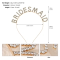 Golden BRIDESMAID headband with white rhinestones showing precise dimensions and alloy material - Gold 'BRIDESMAID' Style (TS-J3270G)