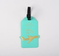 Cyan faux leather travel luggage tag with golden airplane motif and black strap - Mint Green