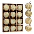 Set of beige flocked Christmas balls with gold glitter patterns and bead accents - 8cm / Set of 12 / Khaki